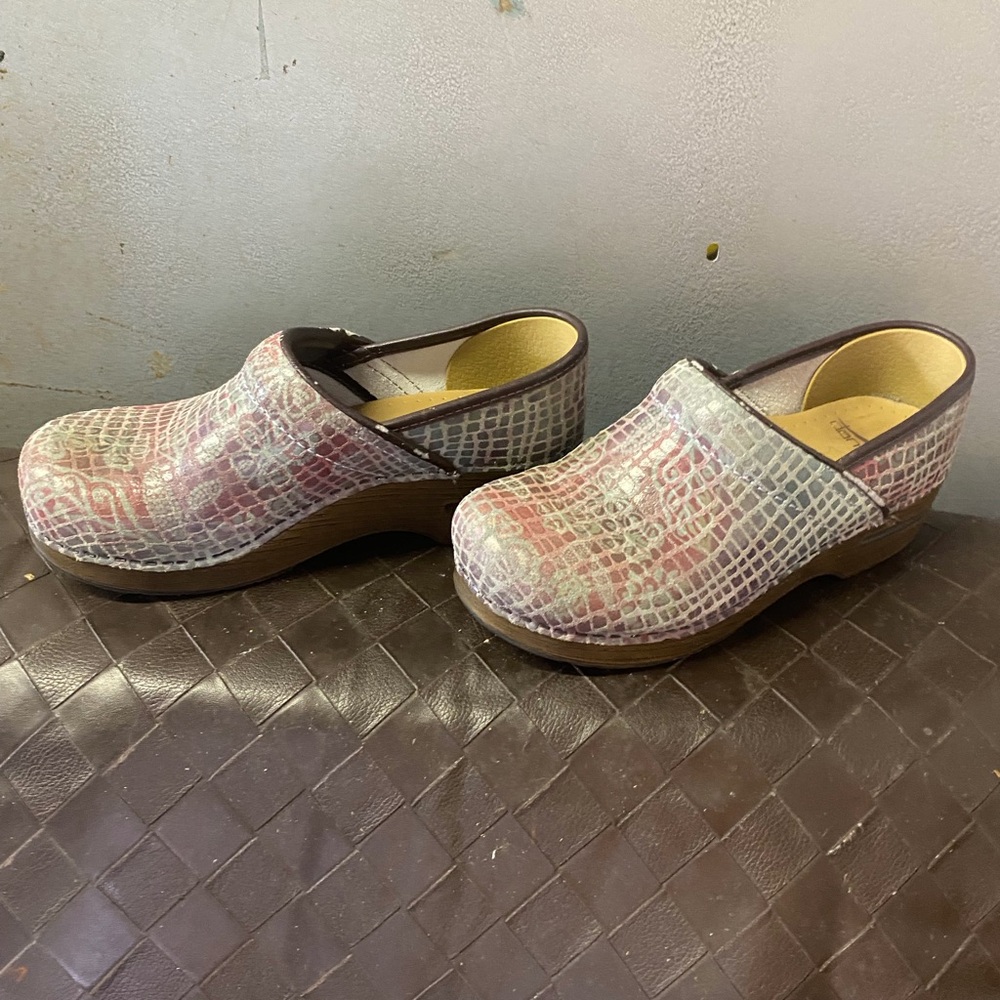 Dansko Multicolor Croc-Embossed Leather Clogs in Pink and Cream